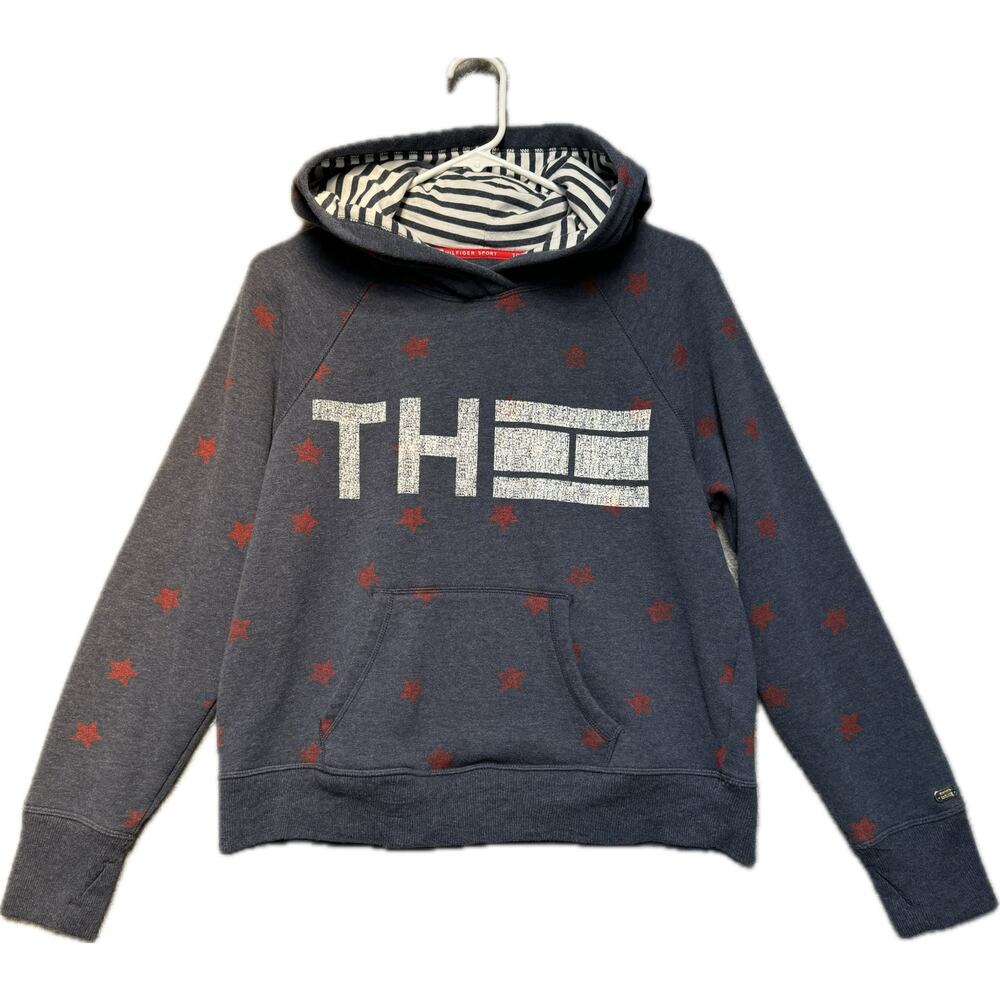 Tommy Hilfiger Spell-out Kangaroo Pocket Hoodie Women M Red Stars Blue White